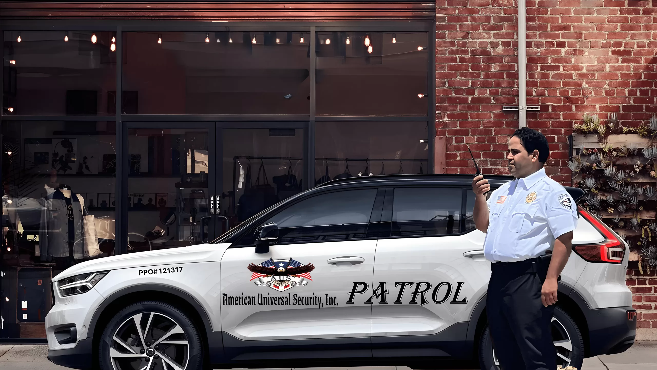 American Universal Security Guard standing by a Security Patrol Car