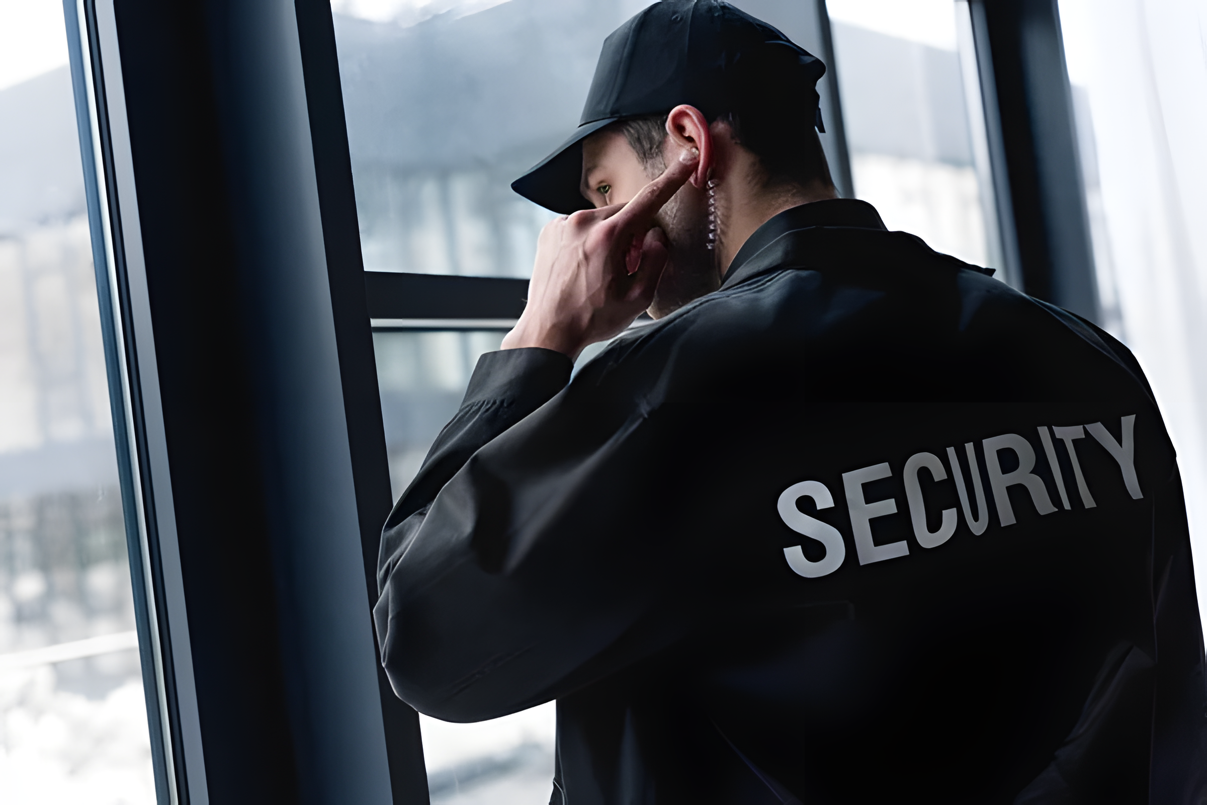 American Universal Security Guard in san diego watching outside of a window to keep the building safe