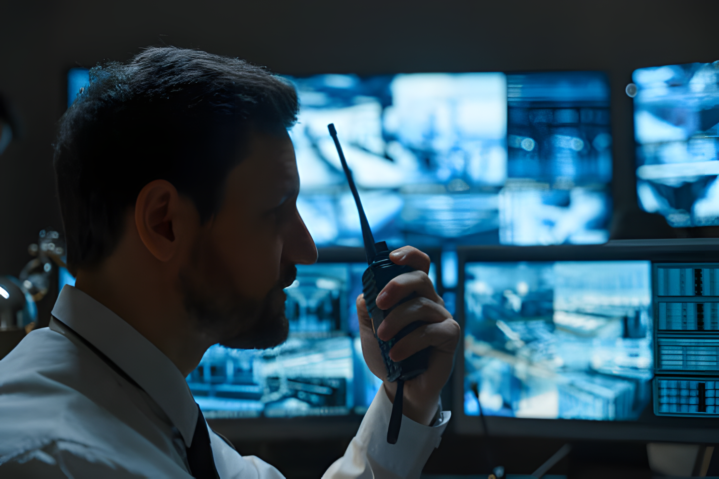 Private security guard in office looking at cameras making sure there is no threat